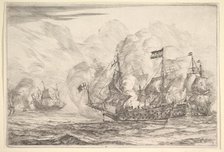 Naval Encounter with Three Vessels on the Right, from Naval Battles (Nieuwe Scheeps Bat..., 1652-54. Creator: Reinier Zeeman.