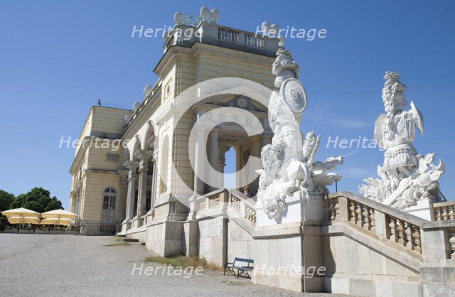 Hilltop triumphal arch and café overlooking the Palace of Schonbrunn, Vienna, Austria , 2022. Creator: Ethel Davies.