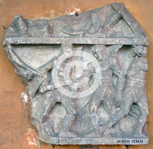 A bas-relief of a fight between Secutor and Retiarius, 3rd century, Rome. Artist: Unknown