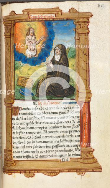 Printed Book of Hours (Use of Rome): fol. 90r, St. Bridget in Prayer before an Apparition of Christ, Creator: Guillaume Le Rouge (French, Paris, active 1493-1517).