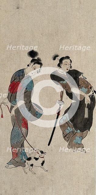 A Japanese woman taking a dog for a walk compared with an effeminate samurai, between 1800 and 1899. Creator: Unknown.