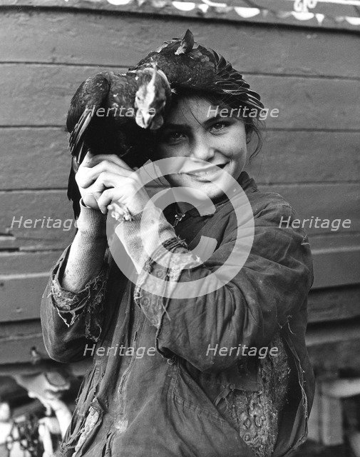 Gipsy girl holding a chicken, 1960s. 