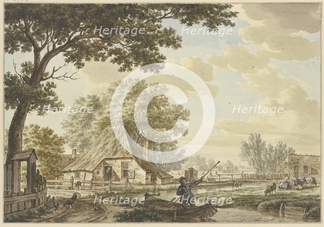 Narrow canal near a village, a man in a boat, cattle on the right, chickens on the left.. Creator: Jacob Cats.
