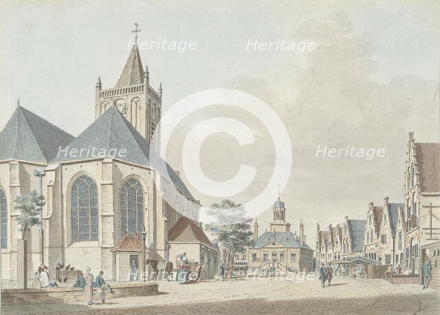 The market in Vlaardingen with the church and the town hall, 1737-1779. Creator: Pieter Jan van Liender.