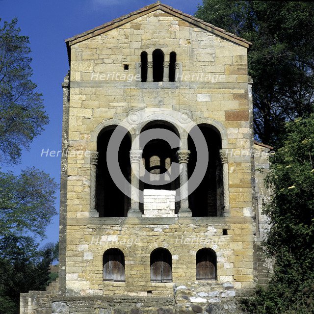 View of the east façade of the church of Santa María del Naranco, originally the house of Ramiro …