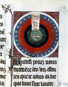 Earth surrounded by Water, Air, Fire, the planets and stars, 13th century. Artist: Unknown