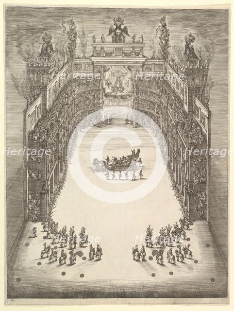 Theater at Modena, seen from above and filled with spectators, with a triumphal car at cen..., 1652. Creator: Stefano della Bella.