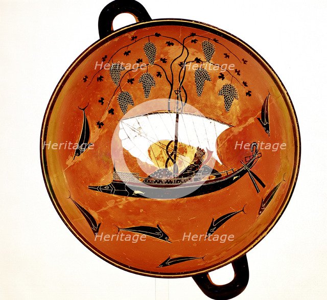 Dionysius in a sailing boat surrounded by dolphins, Ancient Greek dish (Krater), 530 BC. Artist: Unknown