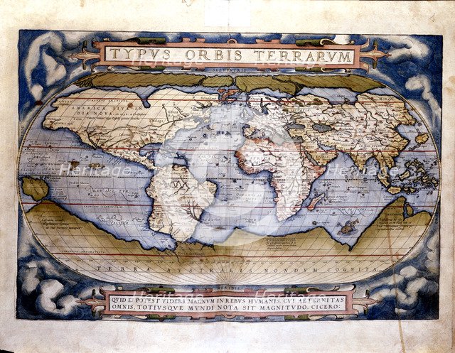Theatrum Orbis Terrarum' of Abraham Ortelius, Amberes, 1574, world map 'Typus Orbis Terrarum'.