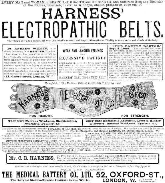 Advertisement for Harness' Electropathic Belts, 1890. Creator: Unknown.
