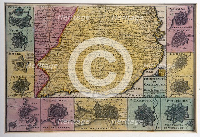 1725 copper-engraved map of the Principality of Catalonia, which includes the plans of Perpignan... Creator: La Feuille, Daniel (1640-1709).