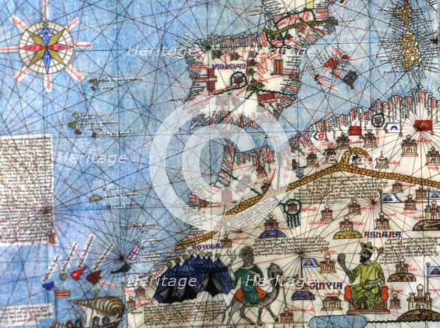 Catalan Atlas (1375).  Detail of Spain and North Africa. Reproduction of the original which is lo…