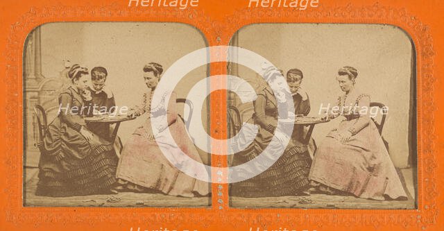 Three women at a table playing a game, 1855-1860. Creator: Unknown.