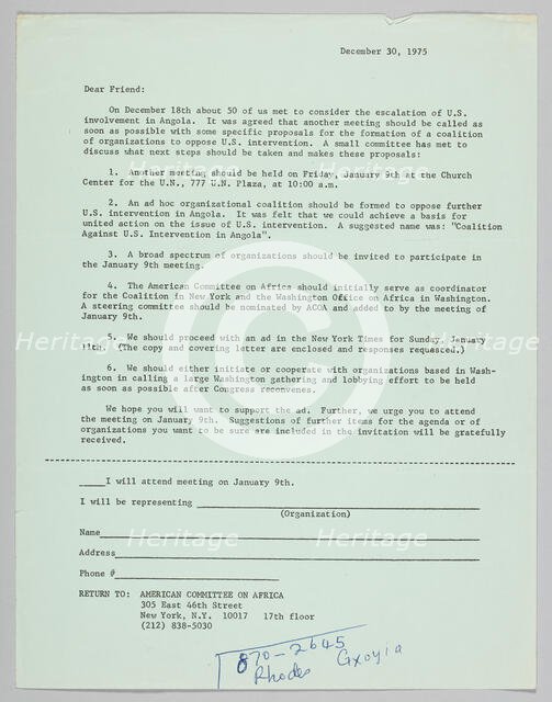 Letter announcing meeting to oppose US intervention in Angola, December 30, 1975. Creator: Unknown.