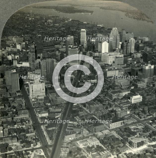 'Skyscrapers of Downtown Detroit - Michigan Ave. to Detroit River and Belle Isle Park', c1930s. Creator: Unknown.