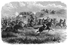 Mail coach attacked by Native American Indians, 1867. Artist: Unknown