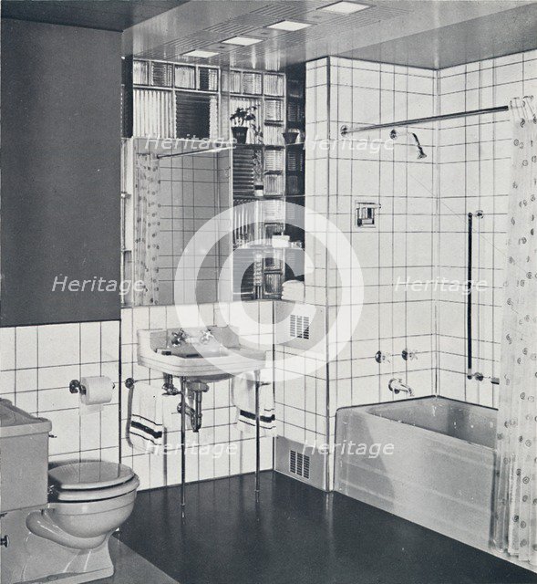 'Crane Co. - A compact recess tiled in canary yellow, scored with orange, showing the stainless-stee Artist: Unknown.