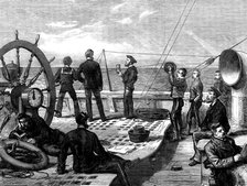 Life on board a troop-ship: heaving the log, 1873. Creator: Unknown.