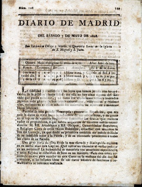 Front page of the 'Diario de Madrid', No. 128, Saturday, May 7, 1808, published in Madrid.
