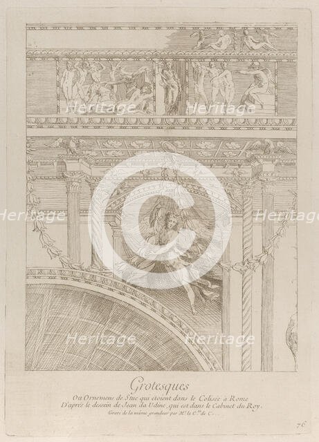 Grotesques: detail of the stucco reliefs decorating the Colosseum in Rome, with a wing..., ca. 1729. Creator: Caylus, Anne-Claude-Philippe de.