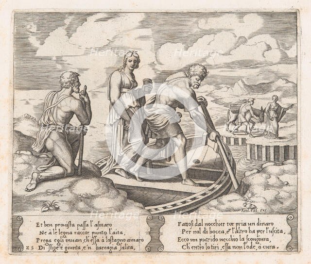 Plate 25: Psyche setting off in Charon's boat, ignoring the old man at left who request..., 1530-60. Creator: Master of the Die.