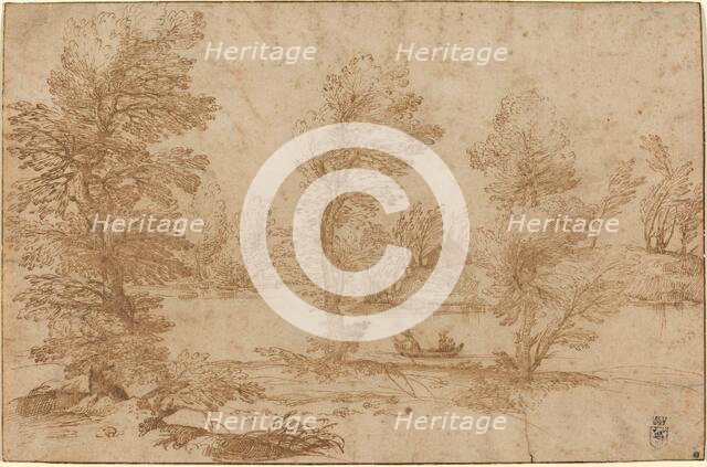 Woodland River with a Boat, c. 1590. Creator: Agostino Carracci.