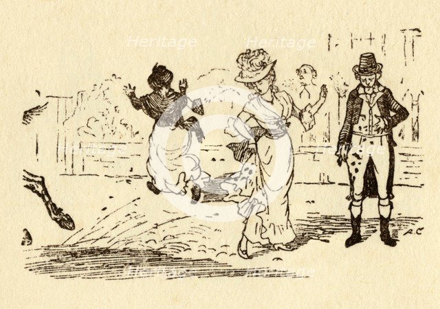 John Gilpin's horse splashes mud on a woman's dress, 1878, (c1918).  Creator: Randolph Caldecott.