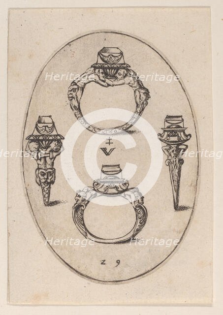 Designs for Four Rings, Plate 29 from 'Livre d'Aneaux d'Orfevrerie', 1561. Creator: Pierre Woeiriot.