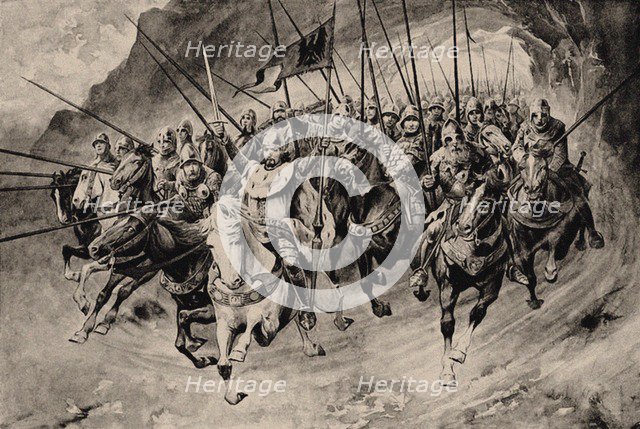 Saint Wenceslas and his Blanik knights set off from the mountain. Illustration from Stare povesti ce