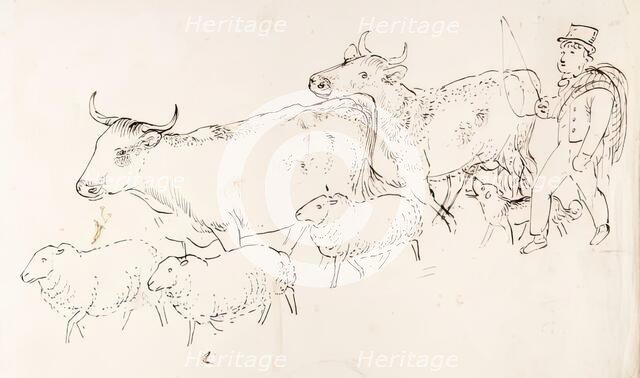 A Shepherd and His Dog Guarding a Flock of Sheep and Cows, 1825-1839. Creator: James Howe.