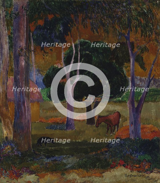 Hiva Oa (Landscape with a Pig and a Horse). Artist: Gauguin, Paul Eugéne Henri (1848-1903)