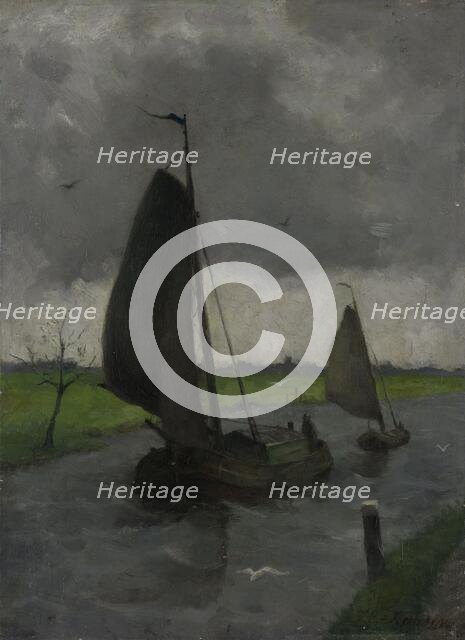 Watercourse with Sail Barges, 1885-1912. Creator: Johann Eduard Karsen.