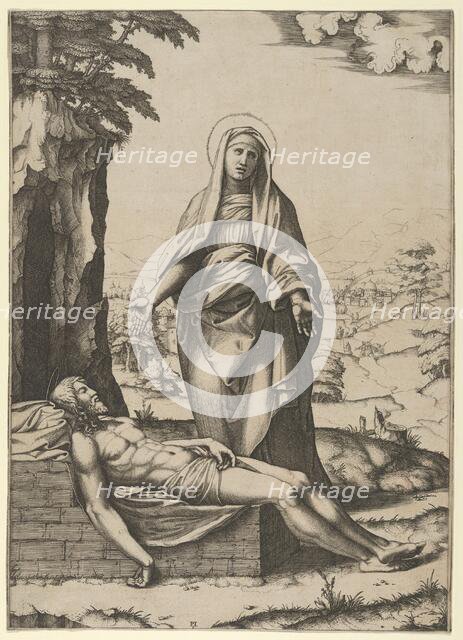 The Pietà: the Virgin standing over the dead Christ, her hands outspread, ca. 1515-17. Creator: Marcantonio Raimondi.