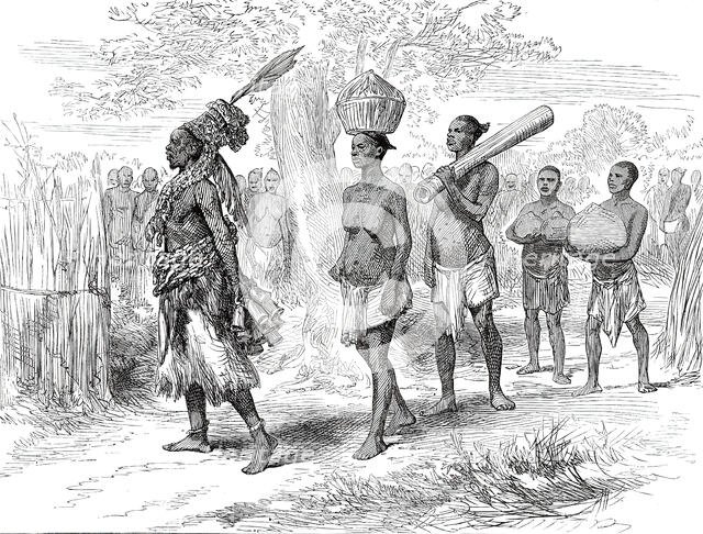 A Mrua Medicine Man and his Train, from a sketch by Lieutenant Cameron in Central Africa, 1876. Creator: Unknown.