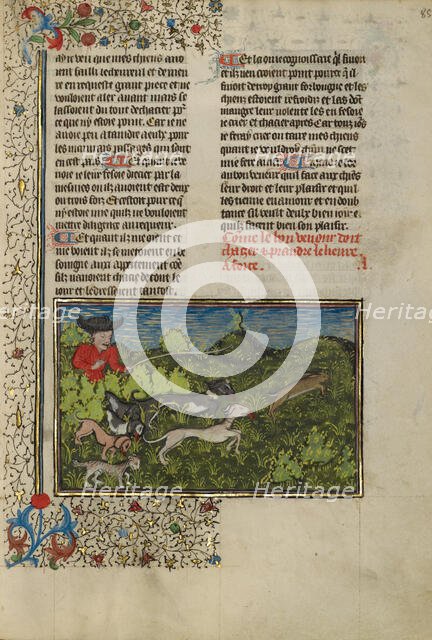 A Hunter and Dogs Pursuing a Hare; Livre de la Chasse, about 1430-1440. Creator: Unknown.