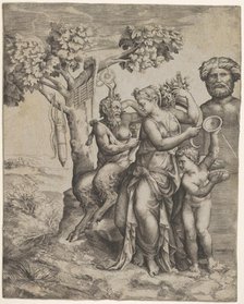 Pan seated near a female figure holding a cornucopia (a nymph or Pomona), at right ..., ca. 1550-60. Creator: Giulio Bonasone.