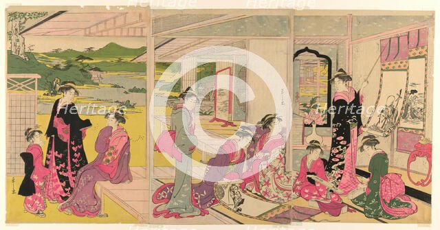 Women Viewing Scroll Paintings of the Gods of Good Fortune, late 18th-early 19th century. Creator: Hosoda Eishi.