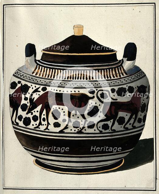 Greek lidded vessel (Corinthian lebes gamikos ?) decorated with a frieze of stylised..., 1700-1799. Creator: Augustin Dahlsteen.