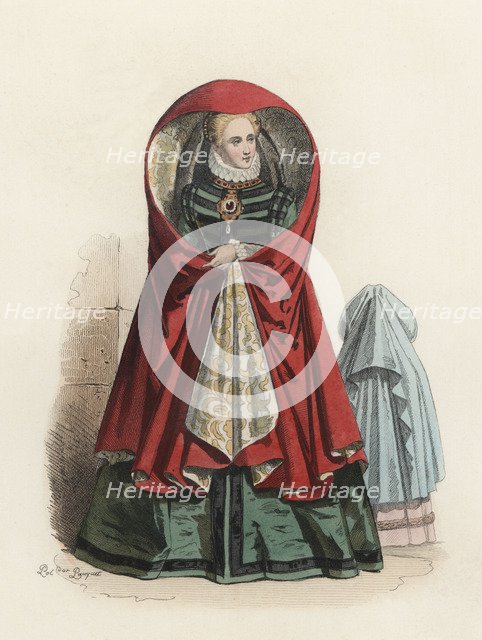 Noble lady of Antwerp, in the modern age, color engraving 1870.