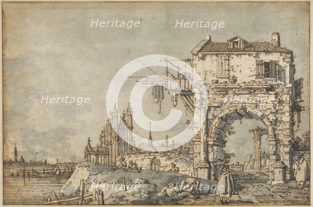 An Imaginary View with a Triumphal Arch, c1755. Creator: Canaletto.