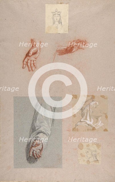 a. Hands of Saint Remi (lower register); b. Head of Saint Clotilde (upper register)..., 19th century Creator: Isidore Pils.