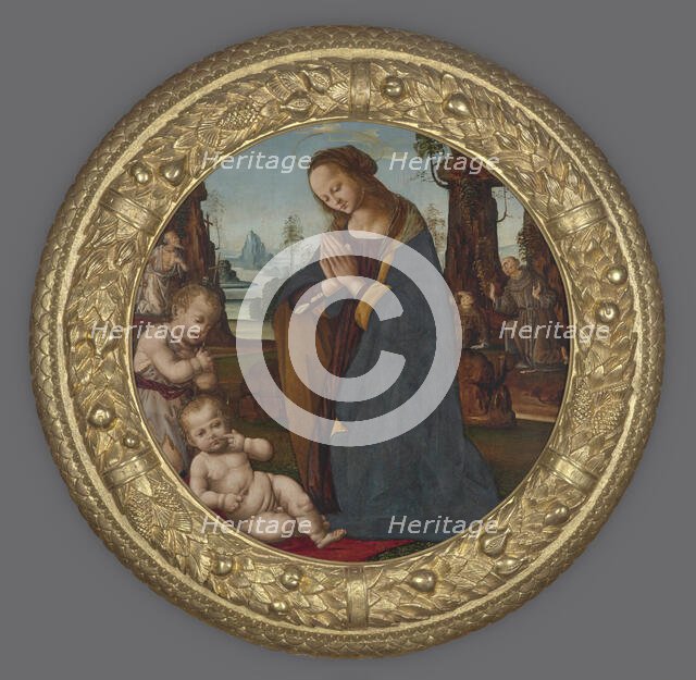Adoration of the Child with Young St John the Baptist-Tondo, Early 16th century. Creator: Follower of Lorenzo di Credi.