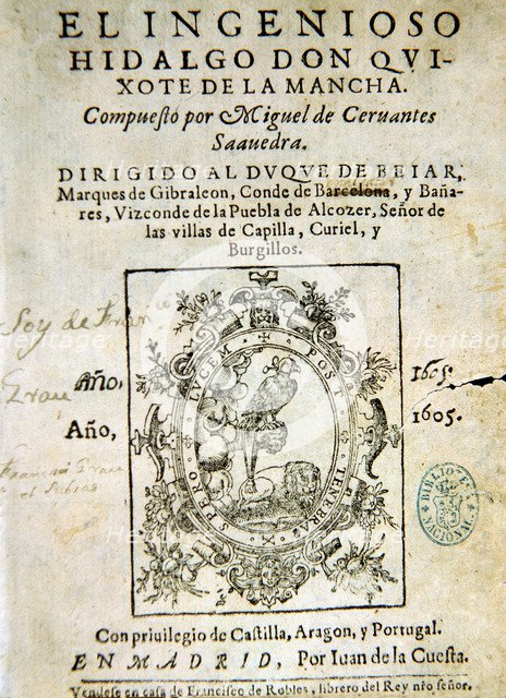 Title page of the first edition of the book 'Don Quixote de la Mancha', Madrid, Juan de la Cuesta…