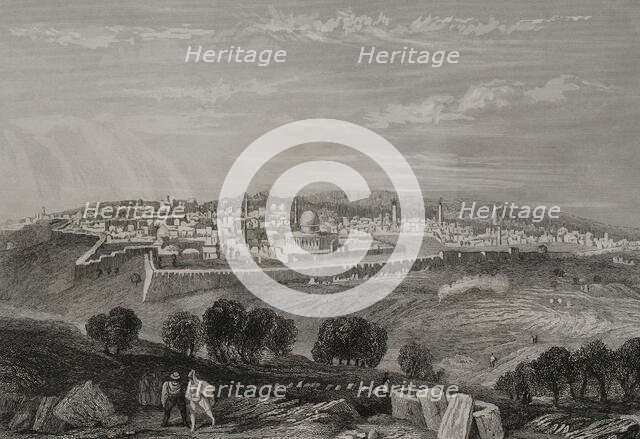 General view from the Mount of Olives, Jerusalem. 1840.  Creator: Émile Rouargue.