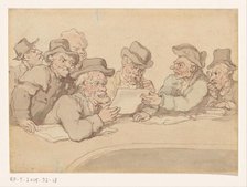 Men look around a table a print or drawing, c.1775-c.1825. Creator: Anon.