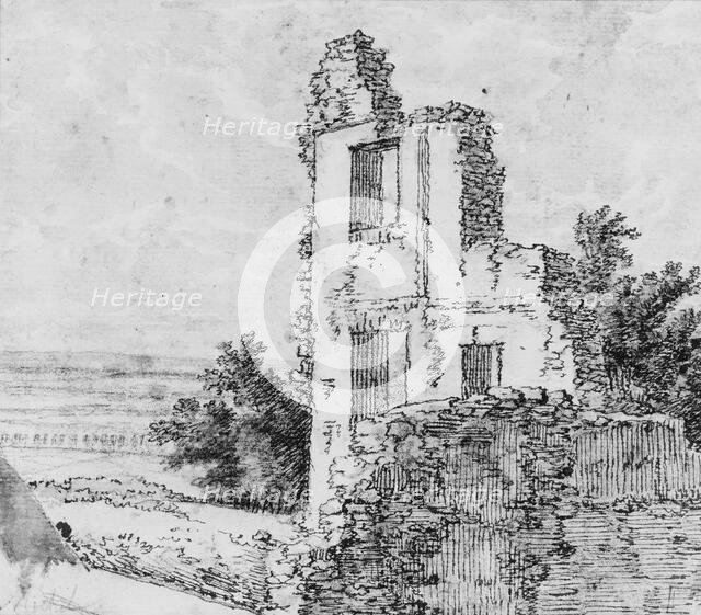 An Allée of Trees in a Park (recto); The Ruins of a Building on a Hill (verso), n.d.. Creator: Georges Michel.