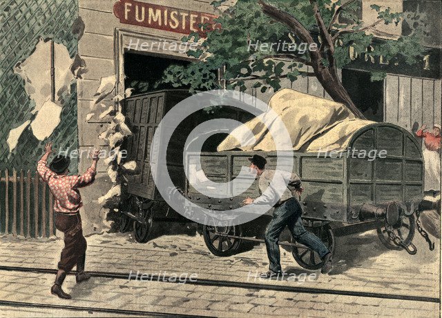 Derailment of train cars, embedded against a house in Jouy en Josas, near Versailles. France. Eng…