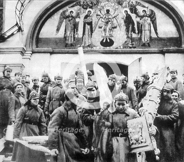 Red Army men confiscating church treasures of the Simonov monastery, Moscow, USSR, 1925. Artist: Anon