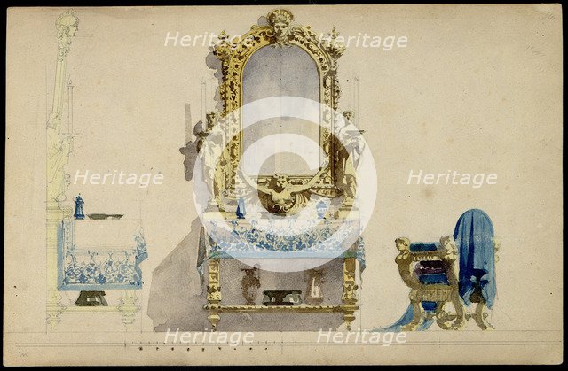 Vanity table, Desdemona's room. Set design for opera Otello by Giuseppe Verdi, world premiere, La Sc