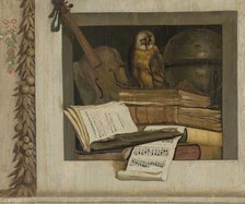 Still Life with Books, Sheet Music, Violin, Celestial Globe and an Owl, 1645-1650. Creator: Jacob van Campen.
